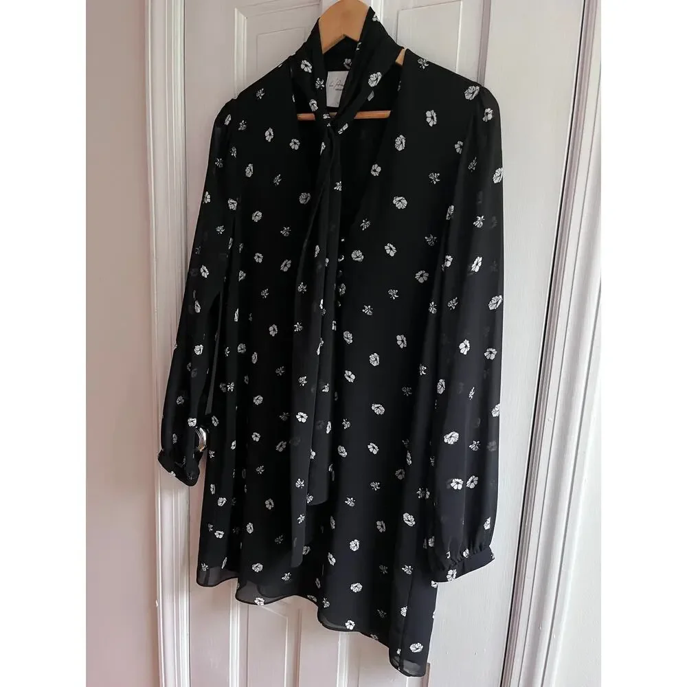 L'Academie Revolve Tie Neck Floral Chiffon Mini Dress Black White Sz S Shift 36